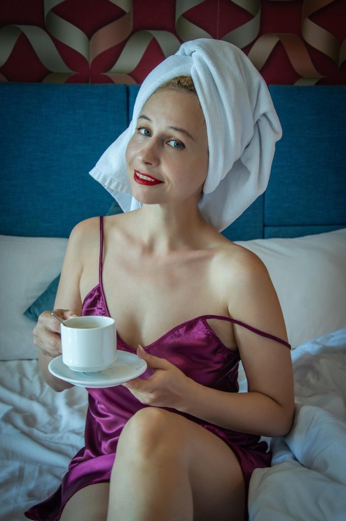 woman, bedroom, hotel, hotel room, bed, motel, coffee, sensual, model, pose, portrait, tea
